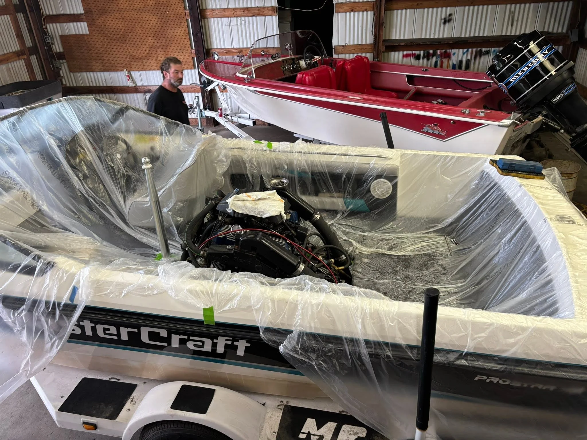 Protected boat interior during service work at Cascade Auto and Marine